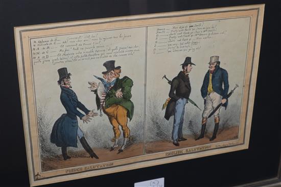 Five 19th century coloured engravings, assorted caricatures including Mermaids at Brighton